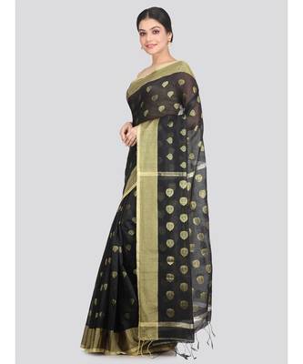 Women's black cotton silk handloom sarees With Blouse 2