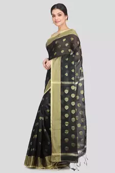 Women's black cotton silk handloom sarees With Blouse