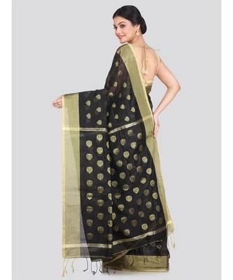 Women's black cotton silk handloom sarees With Blouse 3