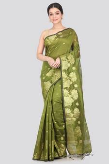 Women's green cotton silk handloom sarees With Blouse