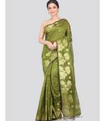 Women's green cotton silk handloom sarees With Blouse