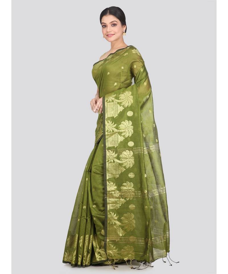 Women's green cotton silk handloom sarees With Blouse