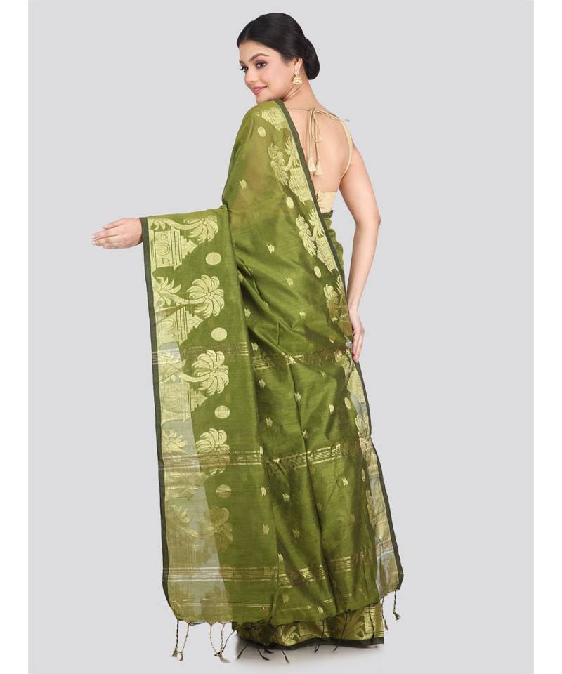Women's green cotton silk handloom sarees With Blouse