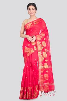 Women's red cotton silk handloom sarees With Blouse
