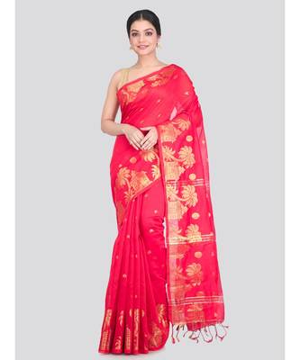 Women's red cotton silk handloom sarees With Blouse 1