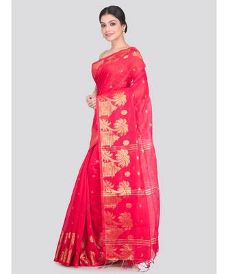 Women's red cotton silk handloom sarees With Blouse 2