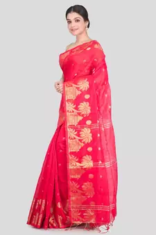 Women's red cotton silk handloom sarees With Blouse