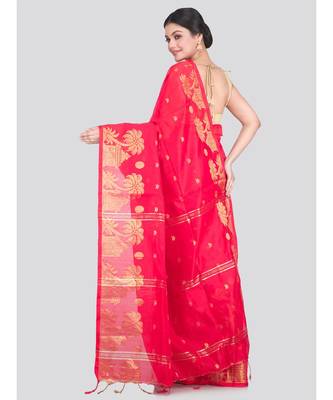 Women's red cotton silk handloom sarees With Blouse 3