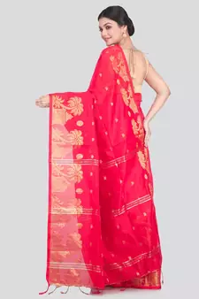 Women's red cotton silk handloom sarees With Blouse