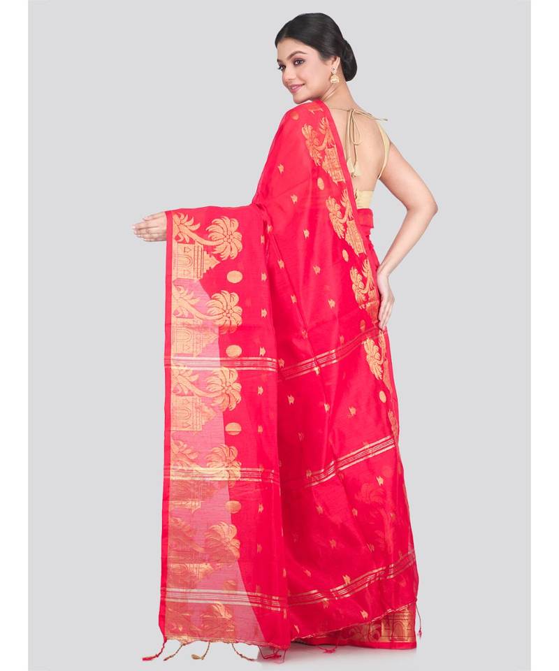 Women's red cotton silk handloom sarees With Blouse