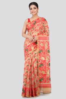 Women'S Beige Pure Cotton Jamdani Sarees Without Blouse