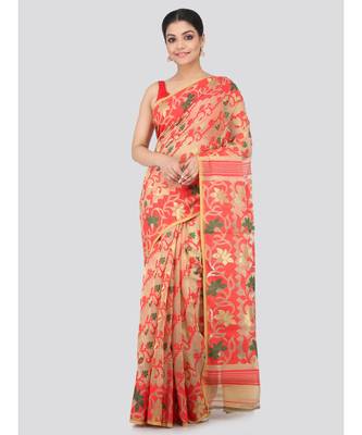 Women'S Beige Pure Cotton Jamdani Sarees Without Blouse 1
