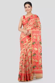 Women'S Beige Pure Cotton Jamdani Sarees Without Blouse