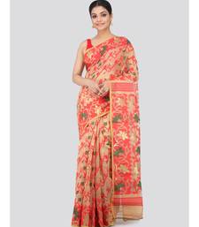 Women'S Beige Pure Cotton Jamdani Sarees Without Blouse