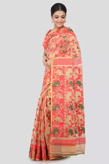 Women'S Beige Pure Cotton Jamdani Sarees Without Blouse