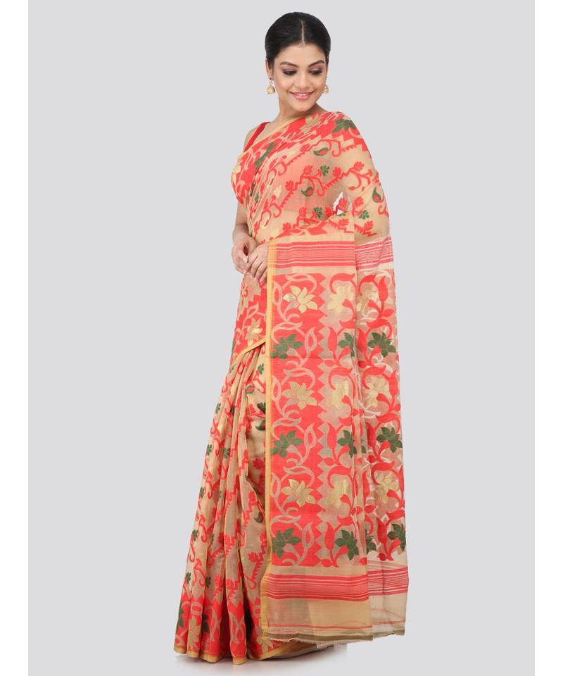 Women'S Beige Pure Cotton Jamdani Sarees Without Blouse