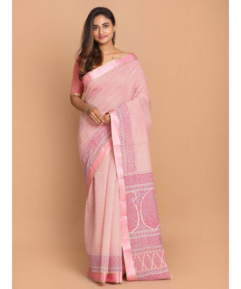 Printed Cotton Blend Saree with blouse in Pink