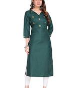 Green embroidered cotton long-kurtis