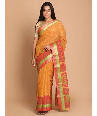 Printed Cotton Blend Saree with blouse in Rust 1
