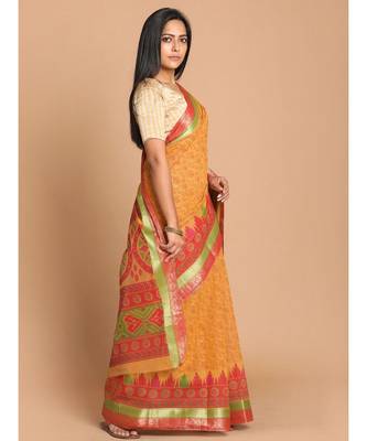 Printed Cotton Blend Saree with blouse in Rust 2