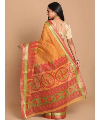 Printed Cotton Blend Saree with blouse in Rust 3