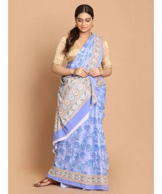 Printed Pure Cotton Saree with blouse in Lavendar 2