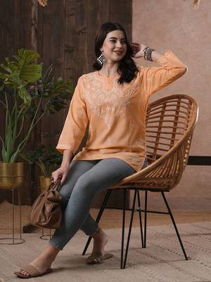 Hand Embroidered Peach Cotton Lucknow Chikan Women Top 6