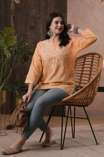 Hand Embroidered Peach Cotton Lucknow Chikan Women Top