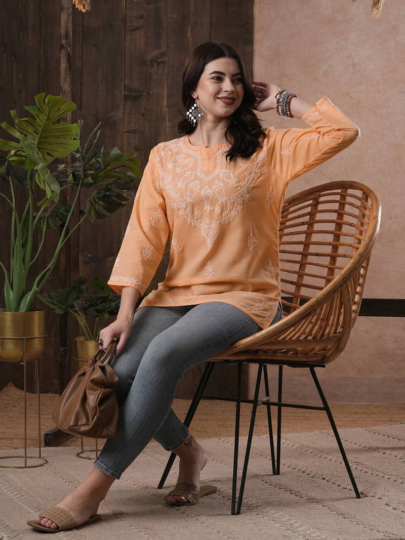 Hand Embroidered Peach Cotton Lucknow Chikan Women Top