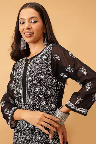 Hand Embroidered Black Faux Georgette Lucknow Chikankari Women Kurta