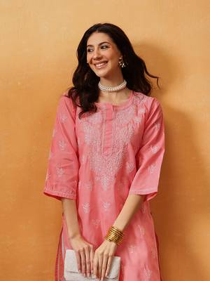 Hand Embroidered Peach Cotton Lucknow Chikankari Women Kurta 7