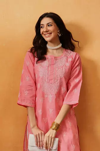 Hand Embroidered Peach Cotton Lucknow Chikankari Women Kurta