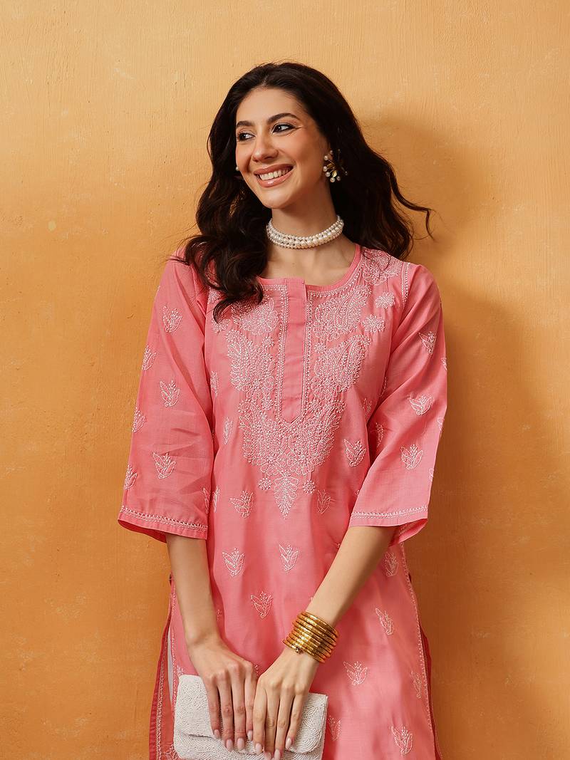 Hand Embroidered Peach Cotton Lucknow Chikankari Women Kurta