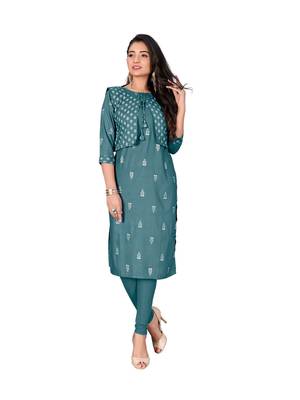 Teal printed cotton cotton-kurtis 1
