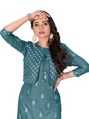 Teal printed cotton cotton-kurtis 3