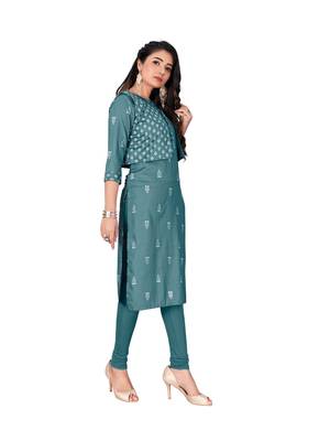 Teal printed cotton cotton-kurtis 4