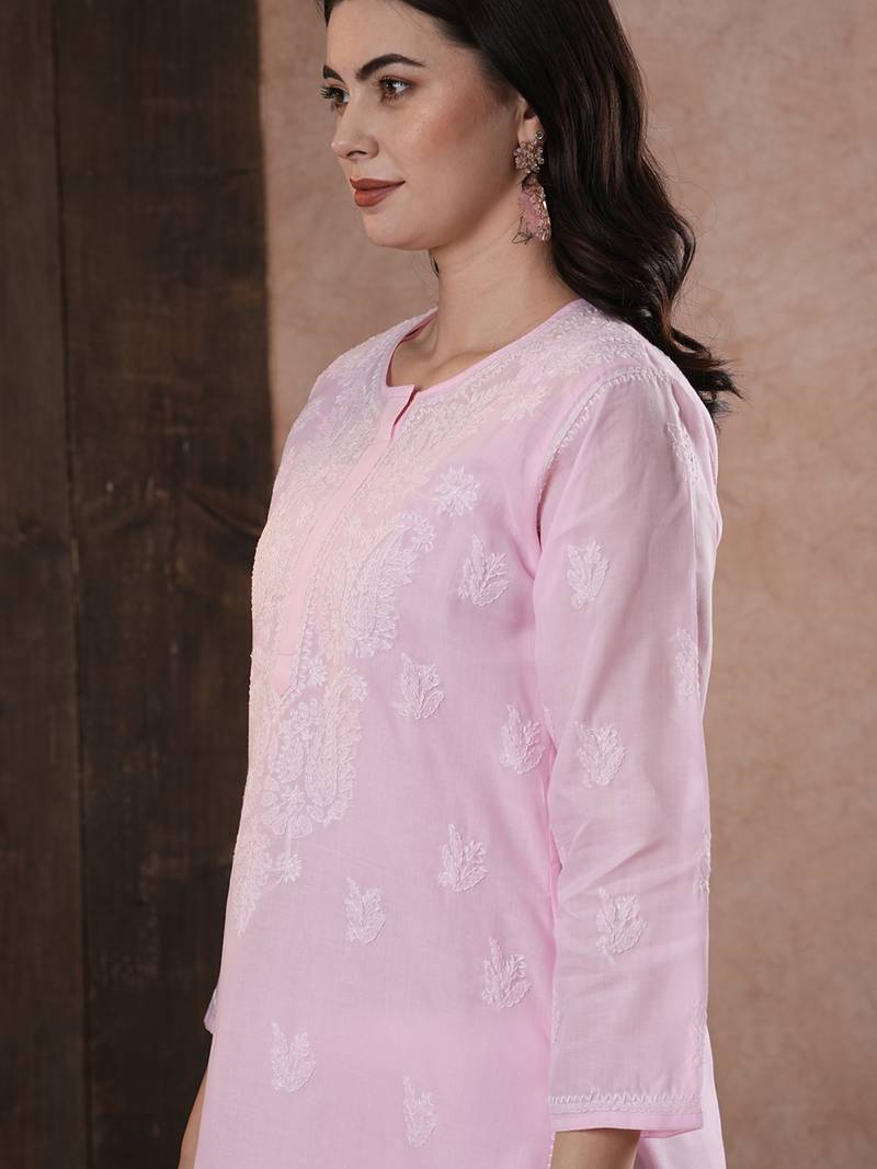 Hand Embroidered Pink Cotton Lucknow Chikankari Women Kurta