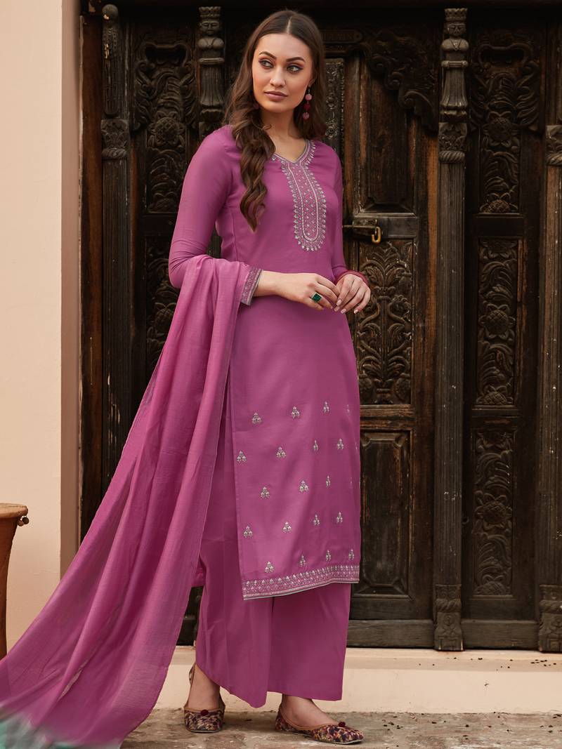 Magenta embroidered art silk salwar