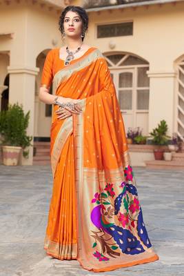 Orange woven silk saree with blouse 1