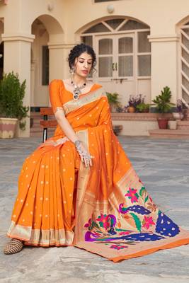 Orange woven silk saree with blouse 2