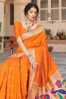Orange woven silk saree with blouse 3