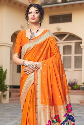 Orange woven silk saree with blouse 4