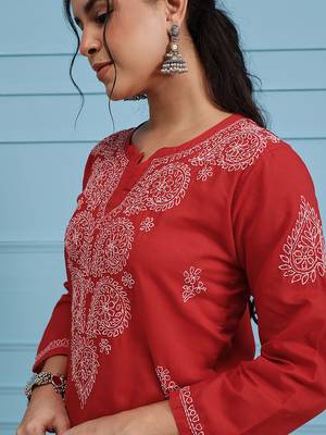Hand Embroidered Red Pure Cambric Cotton Lucknow Chikankari Women Kurta 5