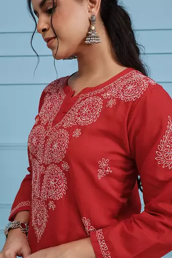 Hand Embroidered Red Pure Cambric Cotton Lucknow Chikankari Women Kurta