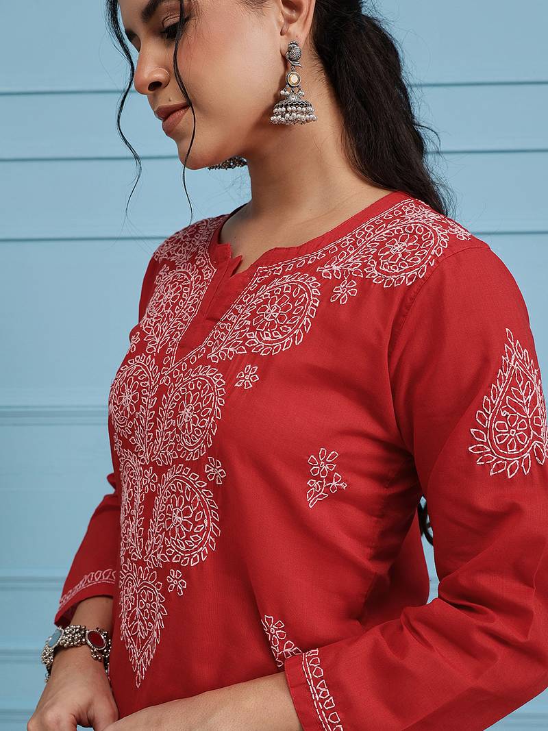 Hand Embroidered Red Pure Cambric Cotton Lucknow Chikankari Women Kurta
