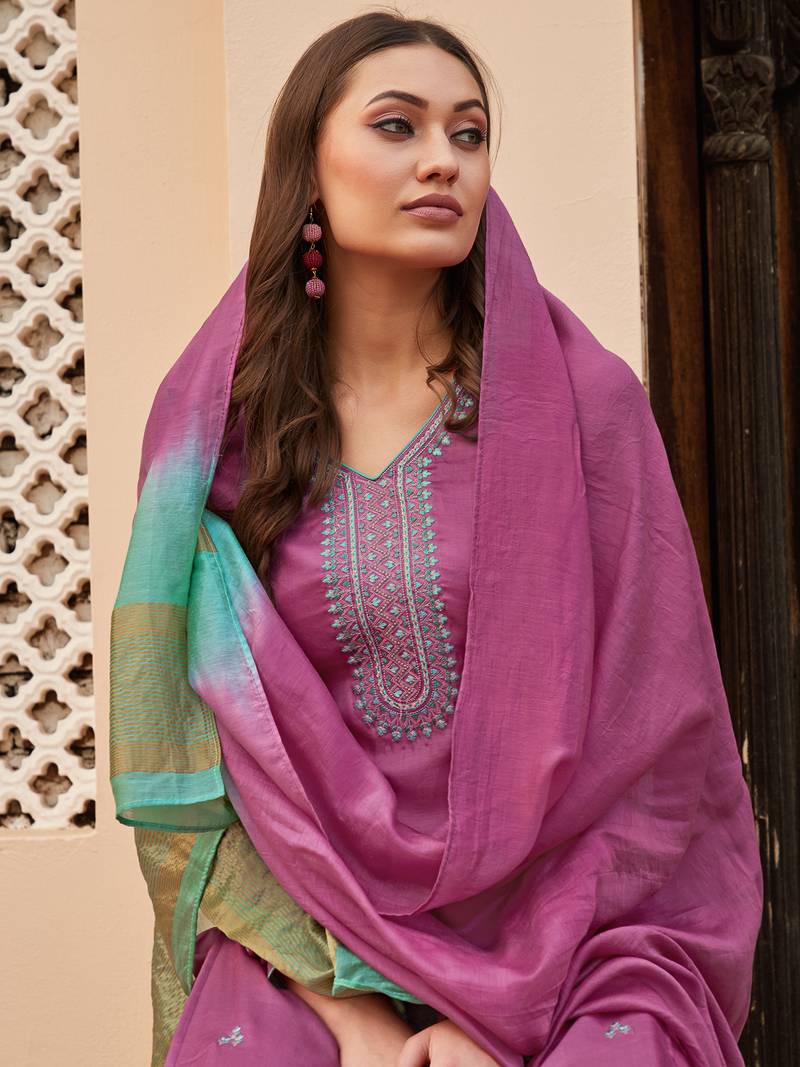 Magenta embroidered art silk salwar