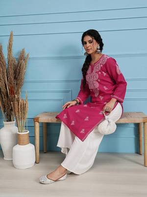 Hand Embroidered Magenta Pure Cambric Cotton Lucknow Chikankari Women Kurta 6