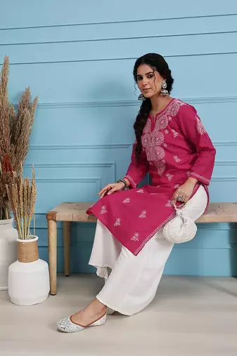 Hand Embroidered Magenta Pure Cambric Cotton Lucknow Chikankari Women Kurta