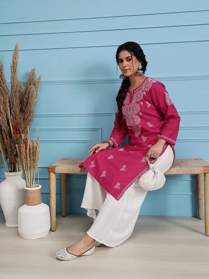 Hand Embroidered Magenta Pure Cambric Cotton Lucknow Chikankari Women Kurta