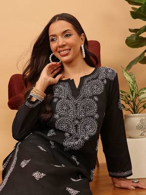 Hand Embroidered Black Pure Cambric Cotton Lucknow Chikankari Women Kurti 6